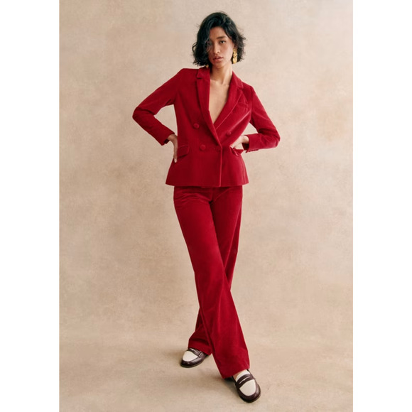 Sezane Red Florentino Trousers Pants Red 100% Organic Cotton Velvet US 2 34